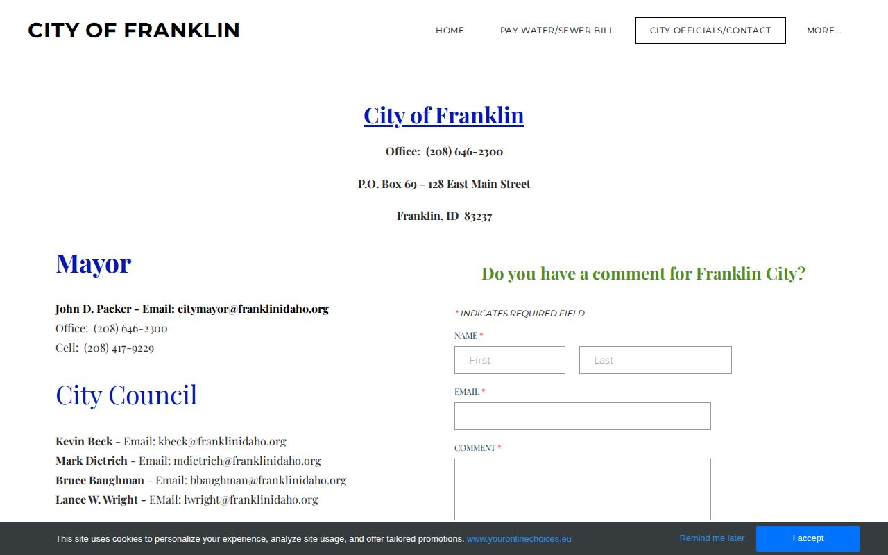 Franklin Idaho city contacts used to route Franklin County arrest-record questions