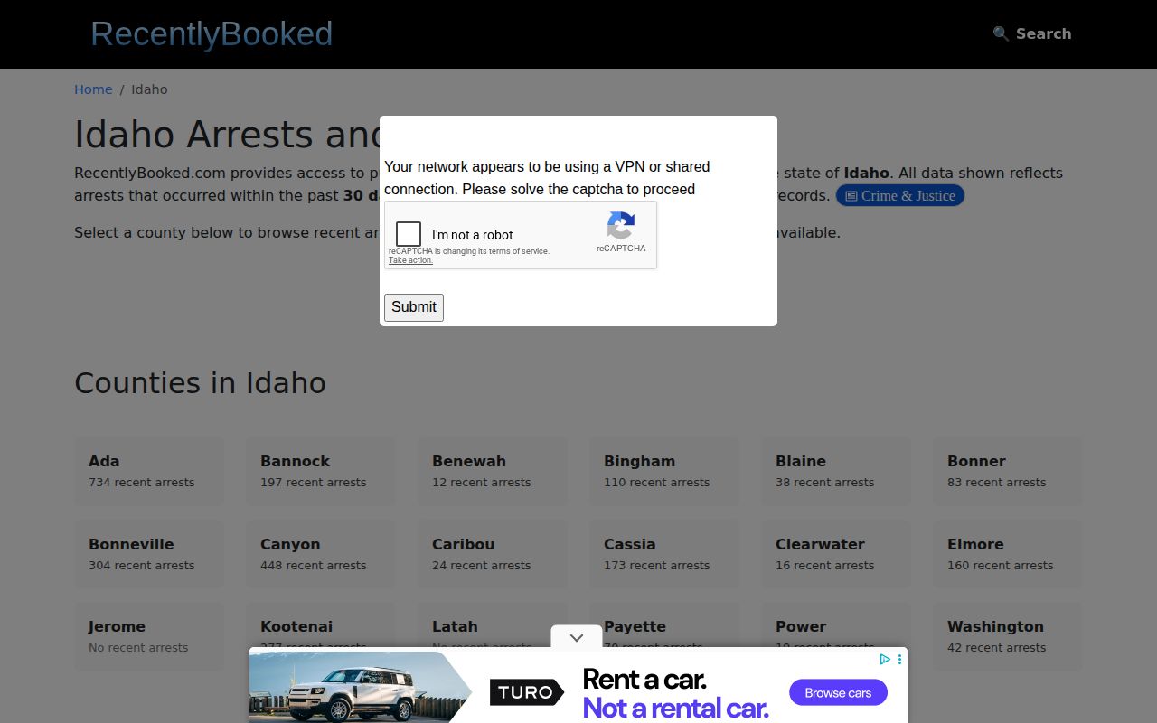 RecentlyBooked Idaho index showing the unofficial Franklin County coverage gap