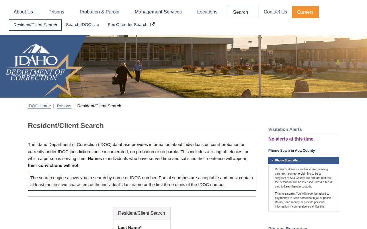 Idaho Department of Correction resident client search for Franklin County custody follow-up