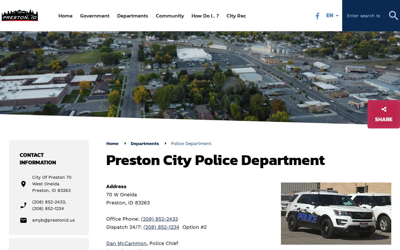 Preston Police Department official contact and records route for Franklin County arrest records